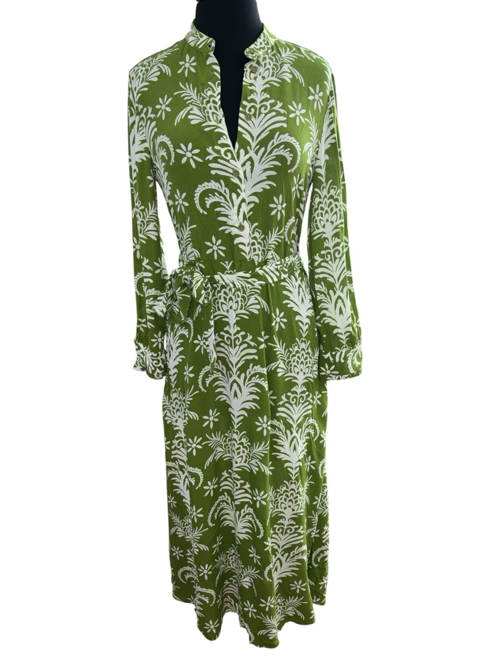 Zara Olive Green and White Printed Long-Sleeve Midi Dress, P2P:18.5”, L:53”